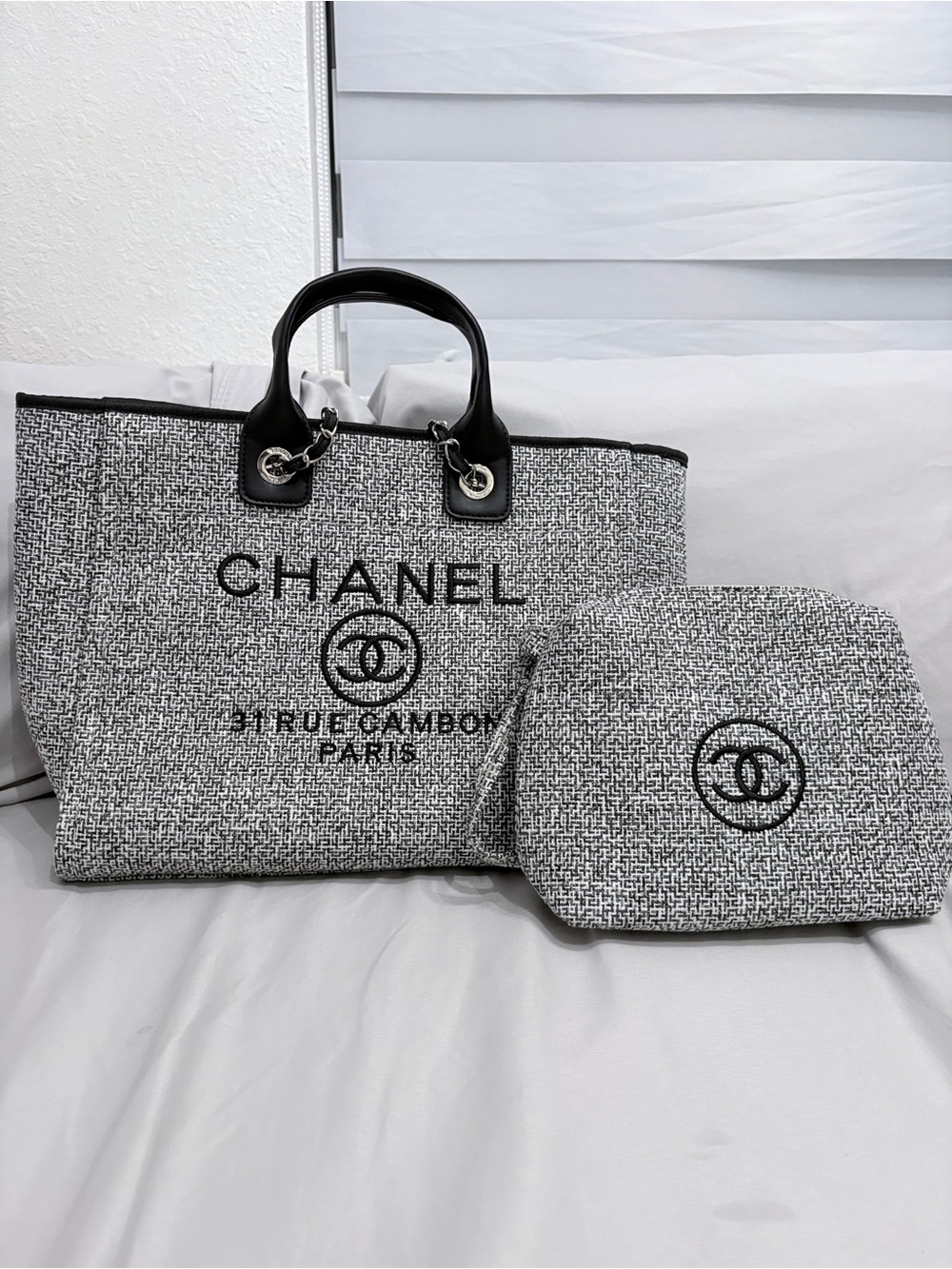 Bag  Black & Gray Tweed Canvas Tote with Matching Pouch
